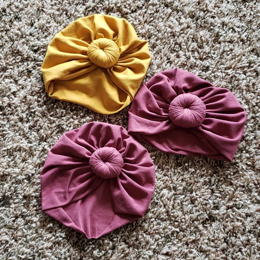 Baby turban hat mustard and mauve 0-6mth knot bow